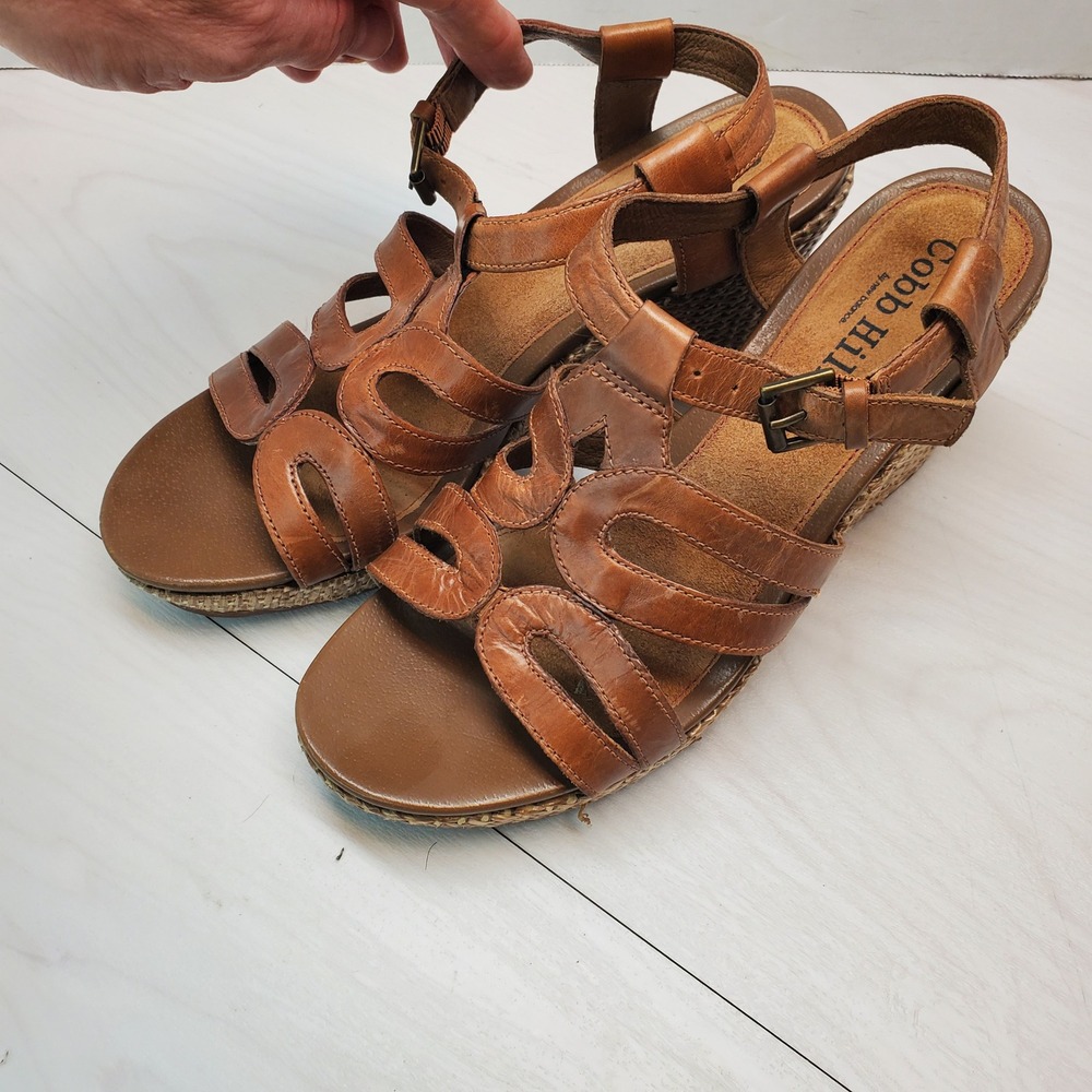 Cobb Hill New Balance Tan Leather Wedge Sandals Strappy Womens 8.5 M Boho Travel